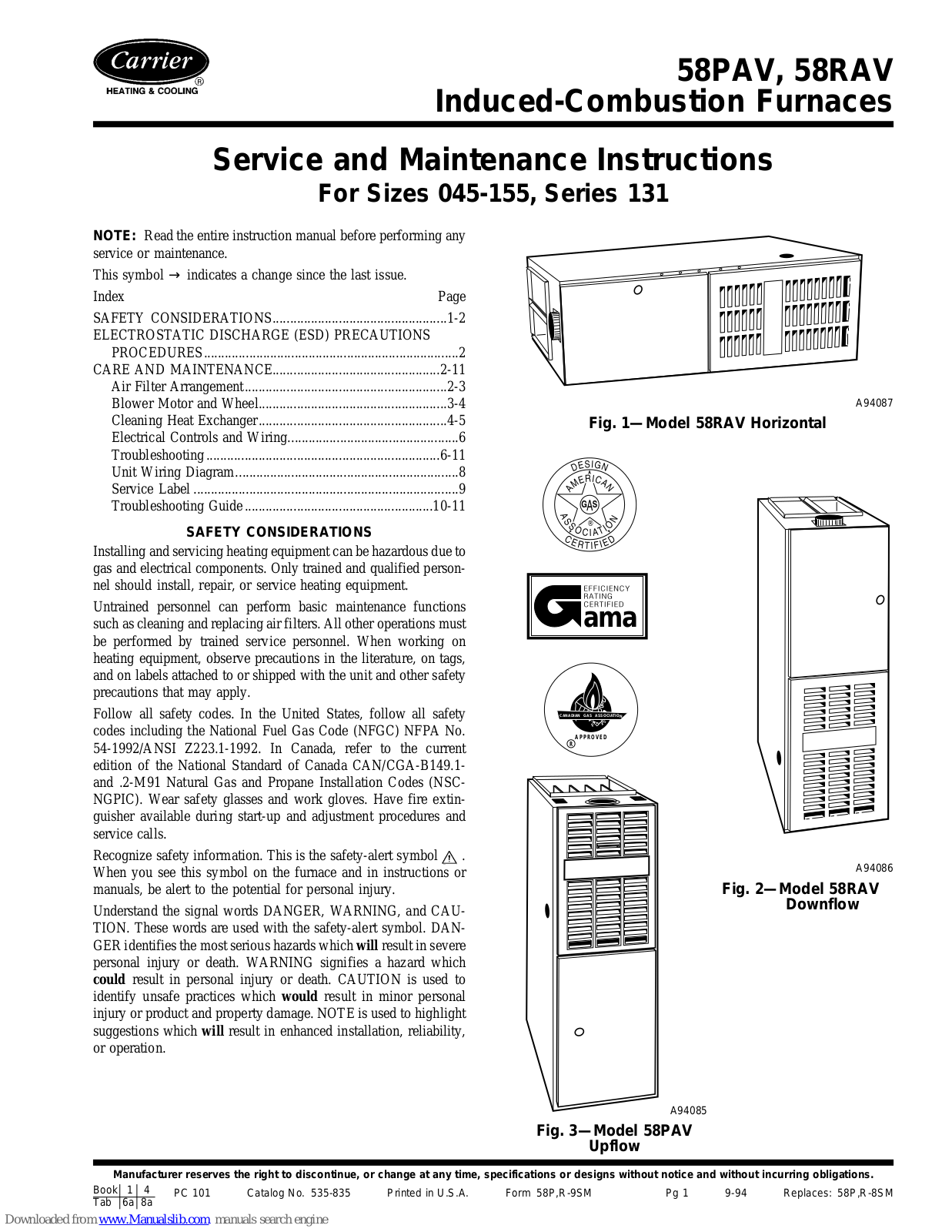 Carrier SERIES 131 58PAV, SERIES 131 58RAV, 58PAV, 58RAV Service And Maintenance Instructions