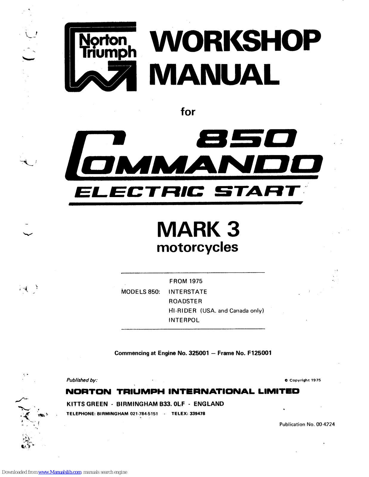 Norton Triumph 850 Commando, 850 Commando 1975, 850 INTERSTATE 1975, 850 ROADSTER 1975, 850 HI-RIDER 1975 Workshop Manual - ManualMachine.com