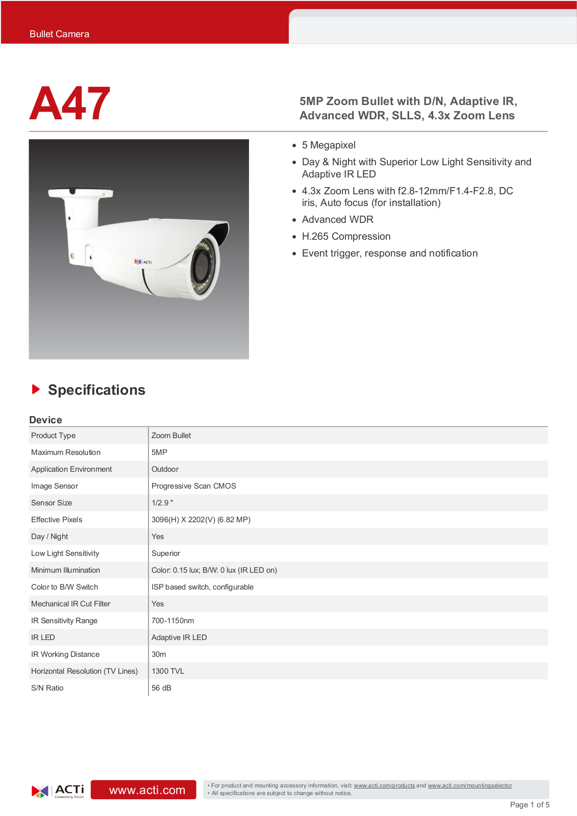 ACTi A47 Specsheet