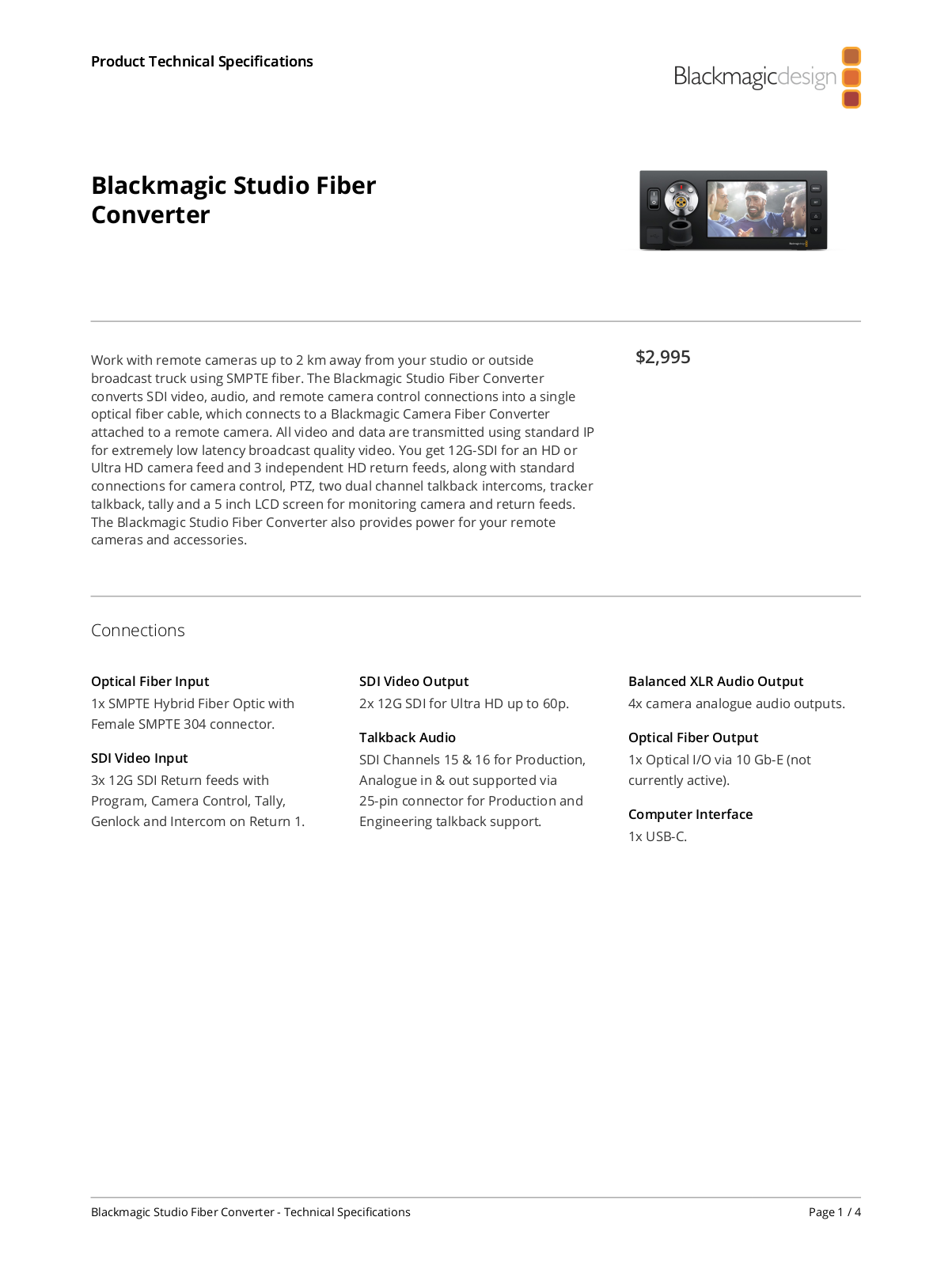 Blackmagic Design Studio Fiber Converter Specifications