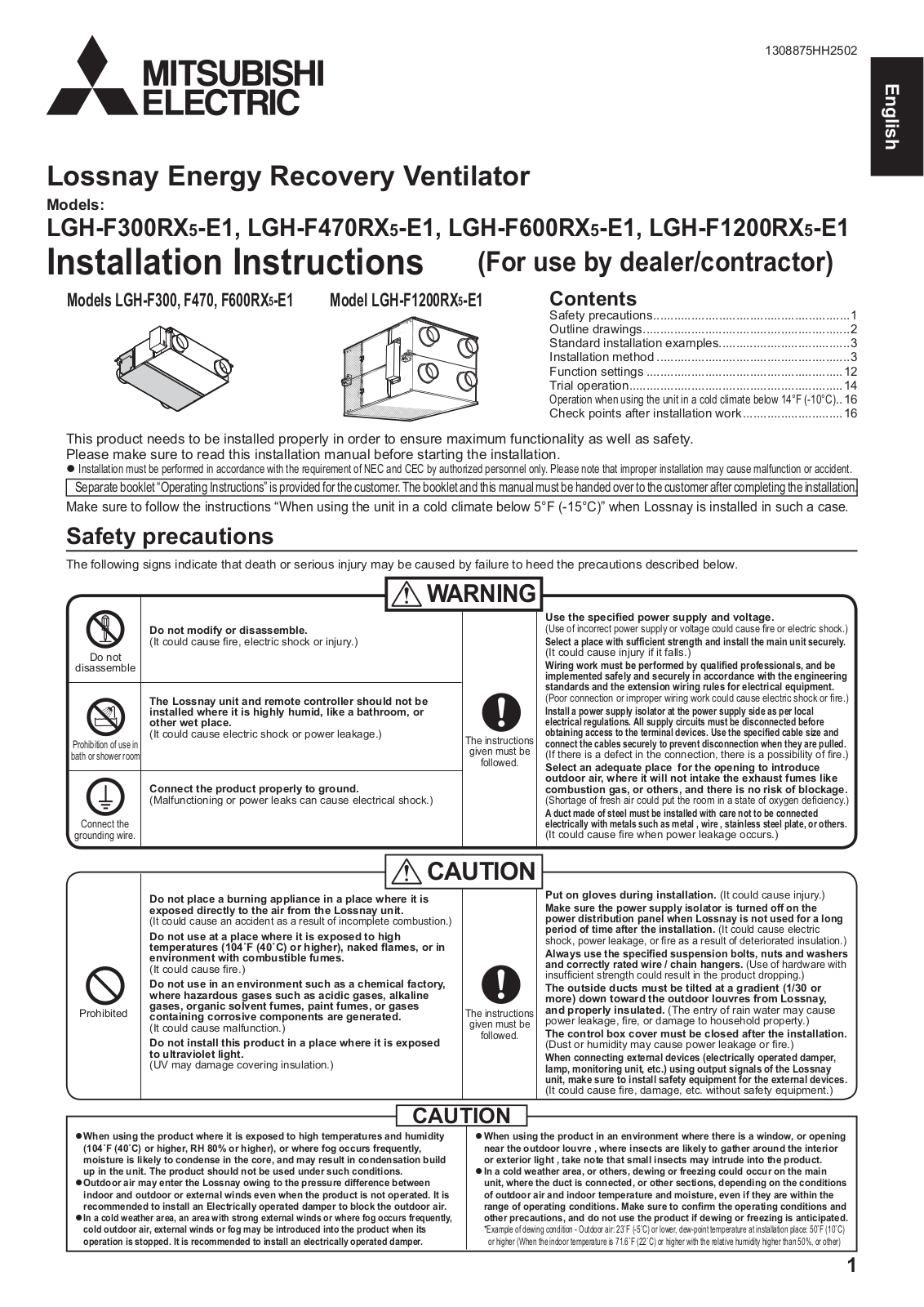 Mitsubishi Electronics LGH-F300RX5-E1, LGH-F470RX5-E1, LGH-F600RX5-E1, LGH-F1200RX5-E1 Installation Manual