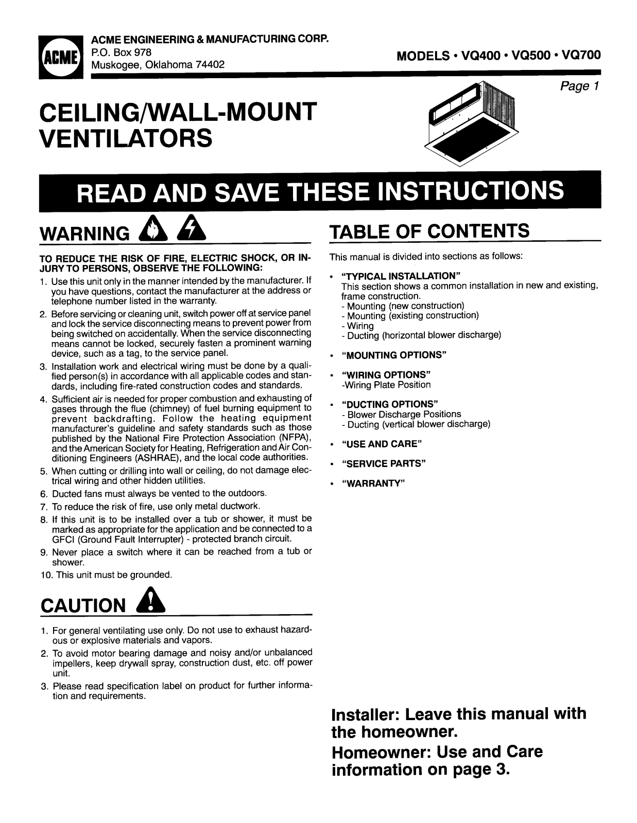 Acme Engineering VQ400 Installation  Manual