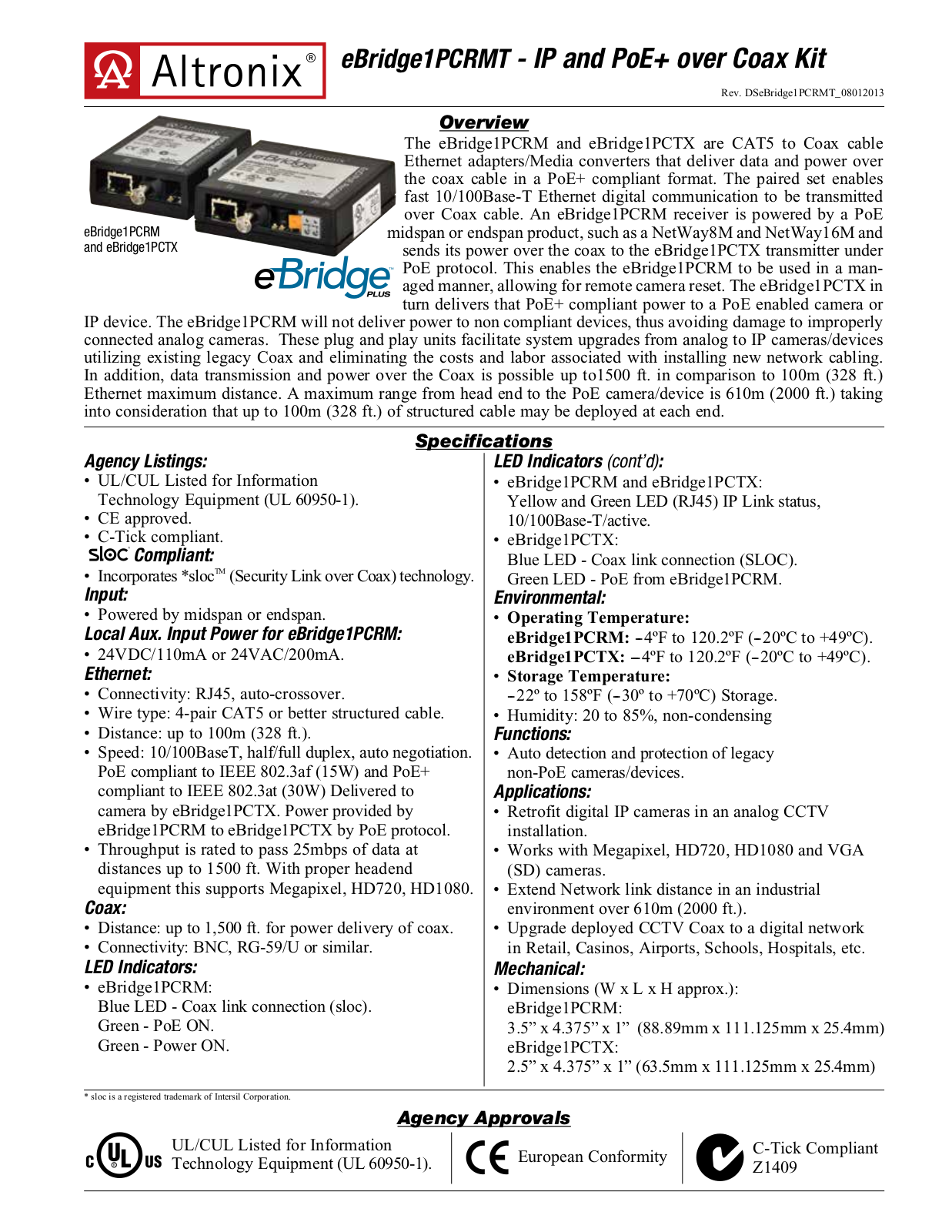 Altronix eBridge1PCRMT Data Sheet