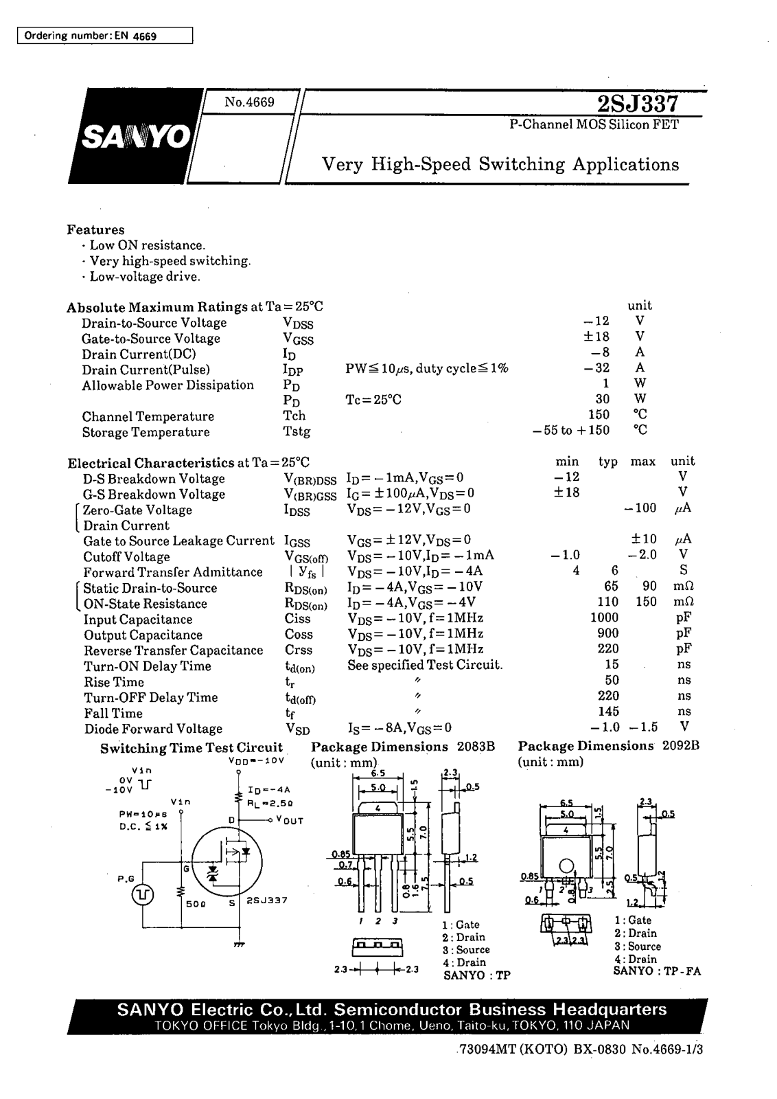 SANYO 2SJ337 Datasheet