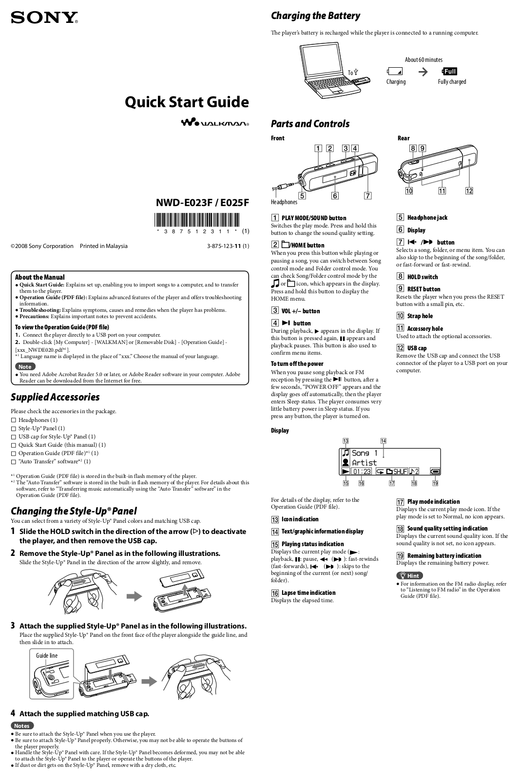 Sony NWD-E025F, NWD-E023F Quick Start Guide