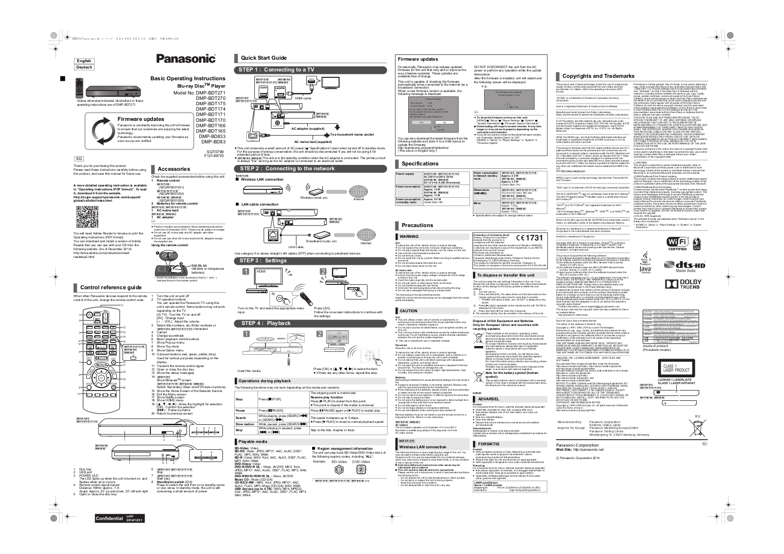 Panasonic DMP-BDT174EG, DMP-BD833EG, DMP-BDT270EG, DMP-BDT175EG, DMP-BDT271EG Basic Operating Instructions