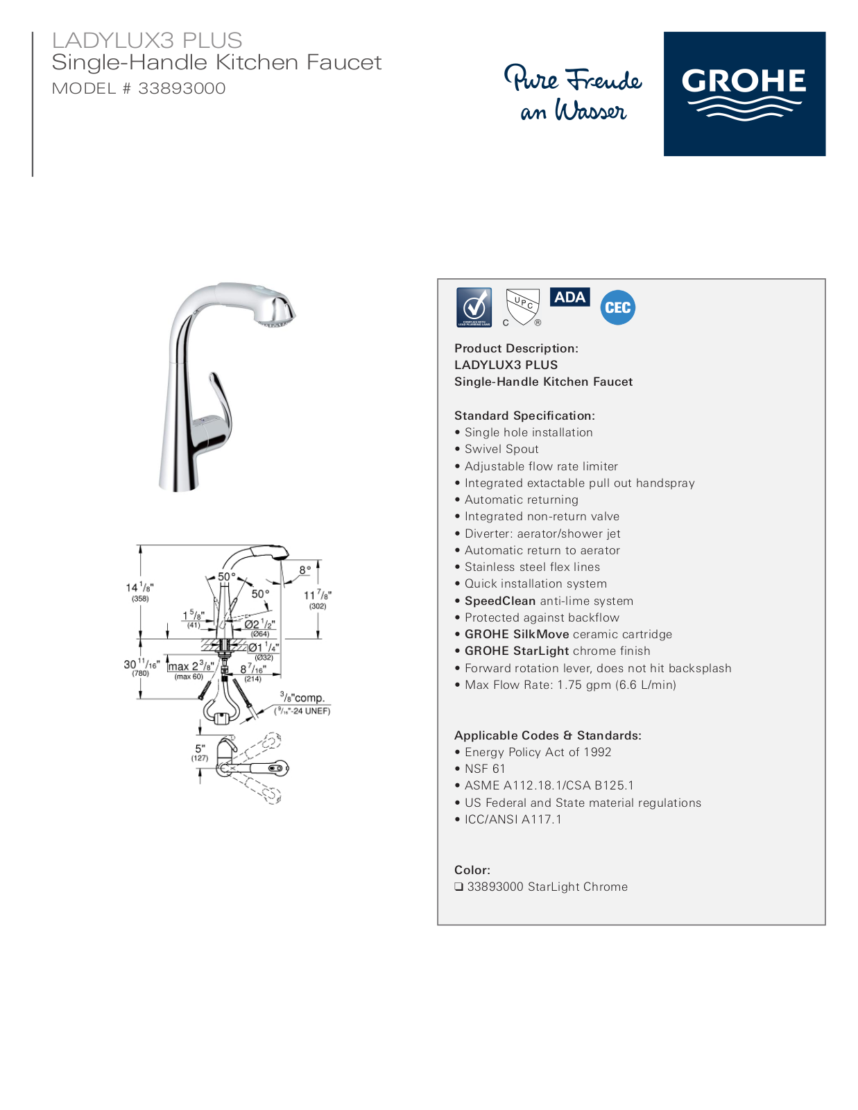 GROHE 33893000 Specification Sheet - ManualMachine.com