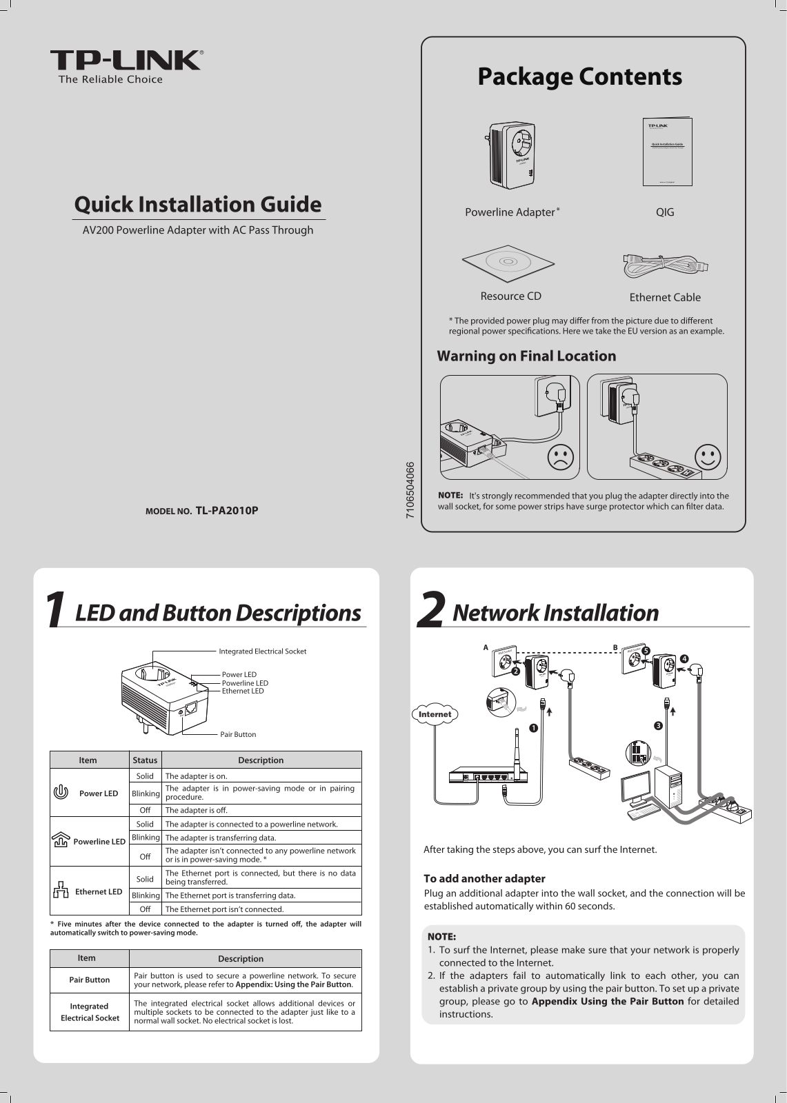 TP-Link TL-PA2010P, TL-PA2010PKIT Quick Installation Guide