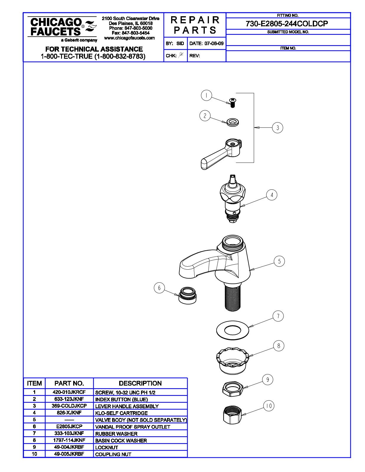 Chicago Faucet 730-E2805-244COLDCP Parts List