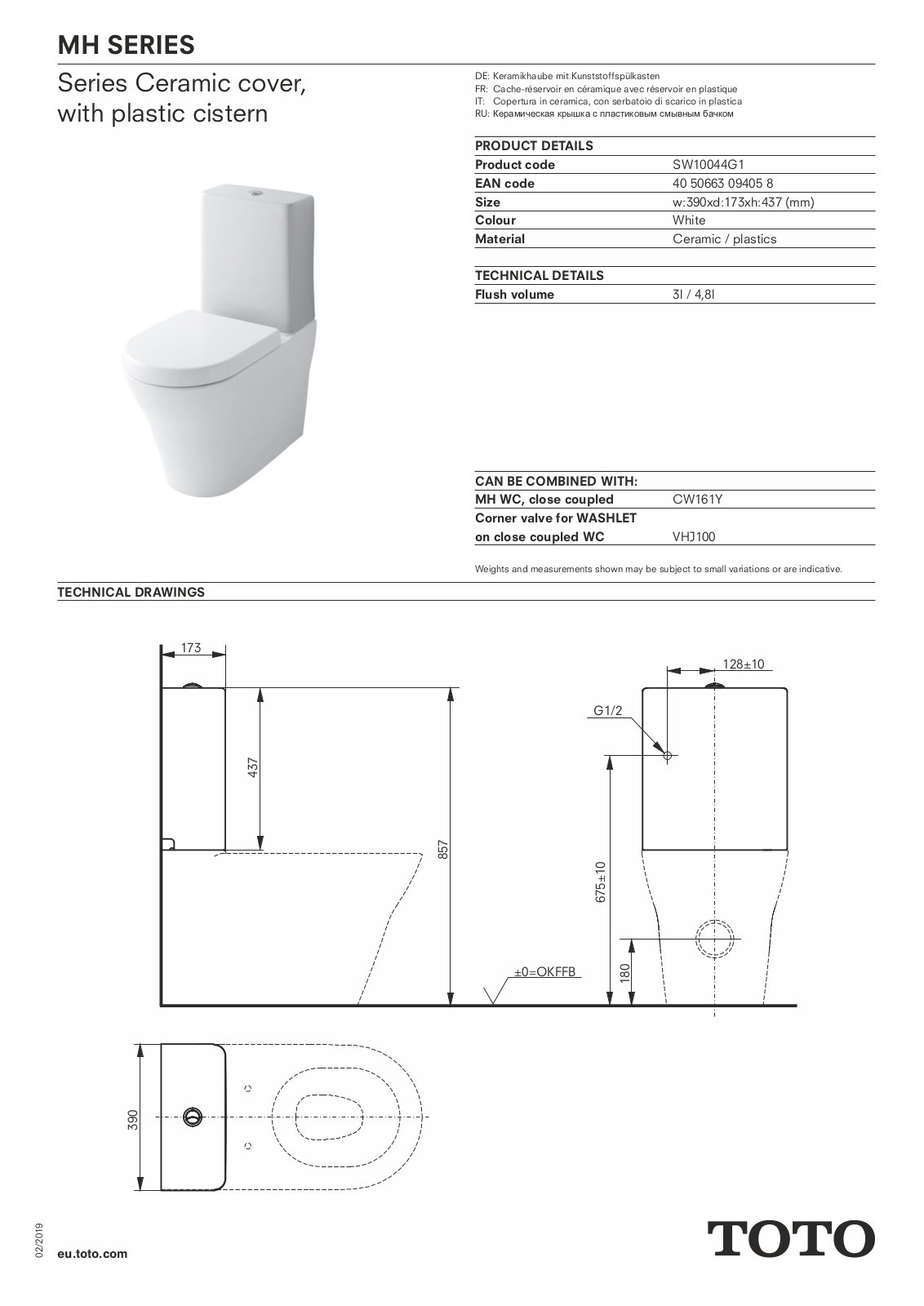 TOTO SW10044G1 Datasheet