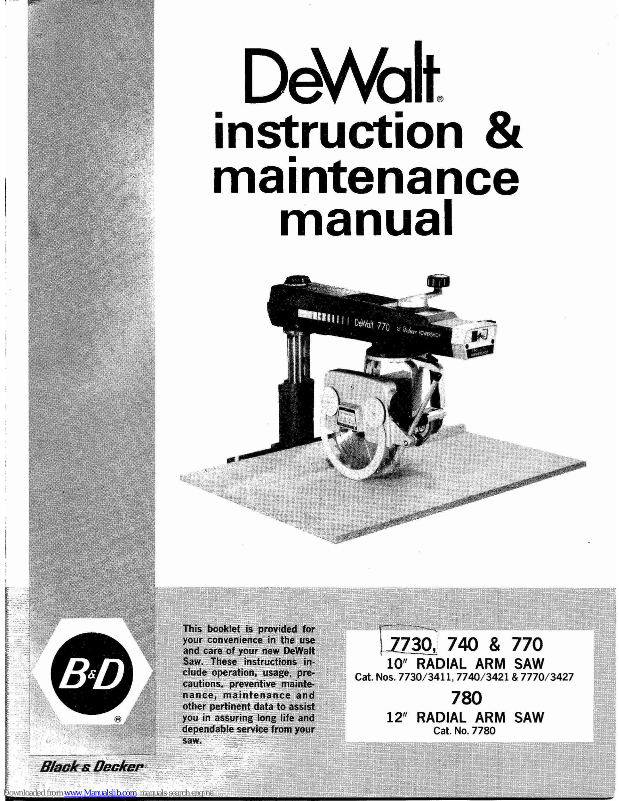 DeWalt 7780, 7730/3411, 7740/3421, 7770/3427 Instruction & Maintenance Manual