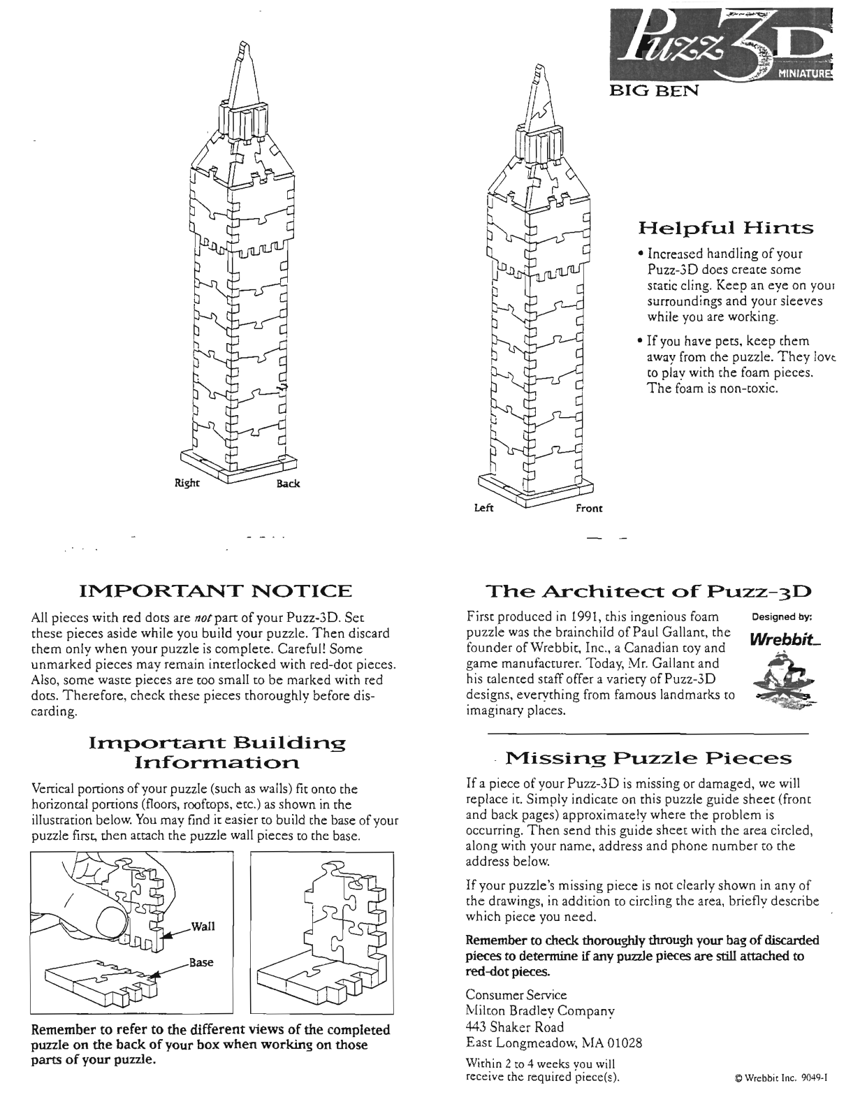 Hasbro PUZZ 3D MINIATURES BIG BEN User Manual