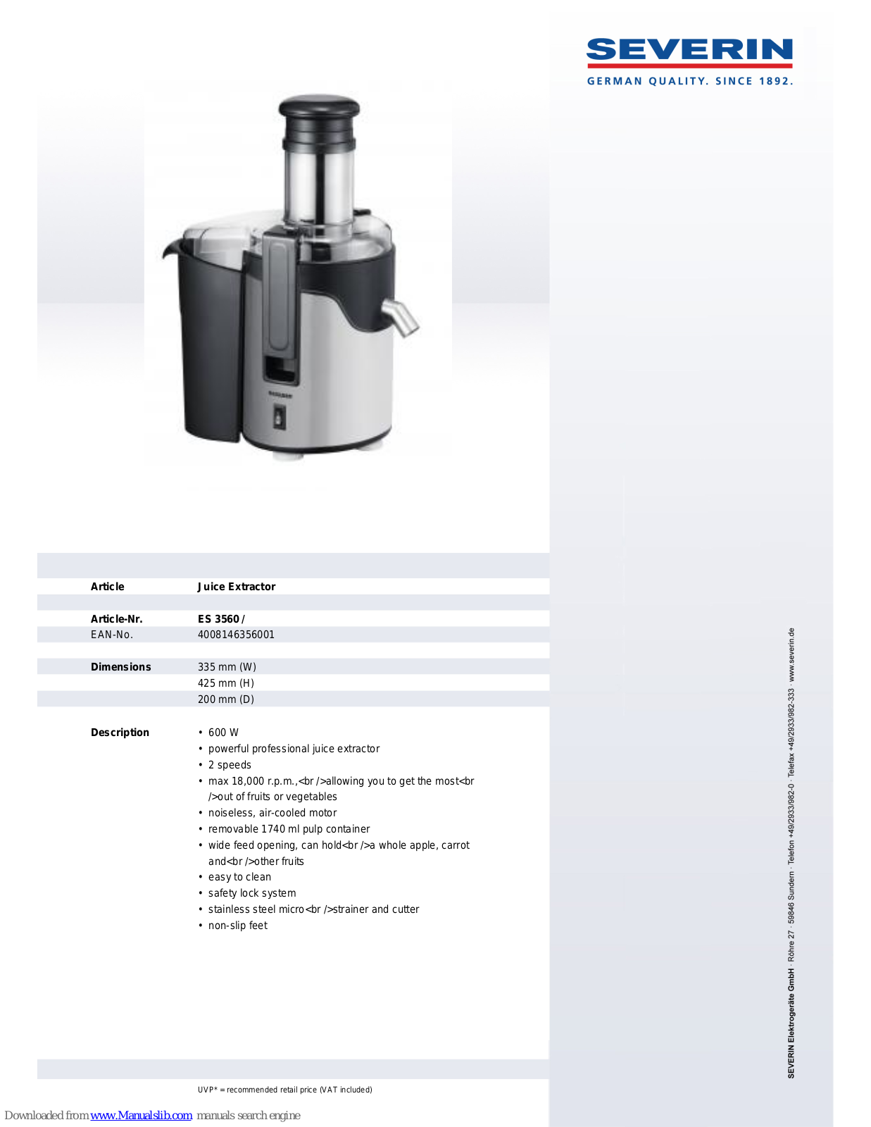 SEVERIN ES 3560, JUICE EXTRACTOR - DATASHEET 2 Dimensions