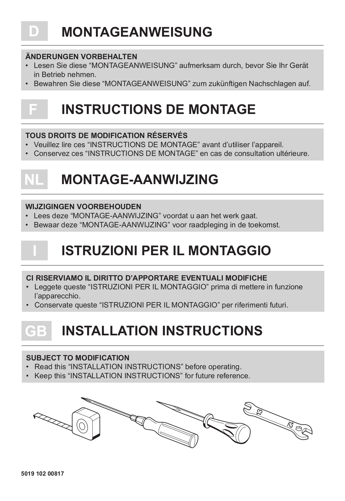 Whirlpool AWOD 070, AWOD 060 Installation guide