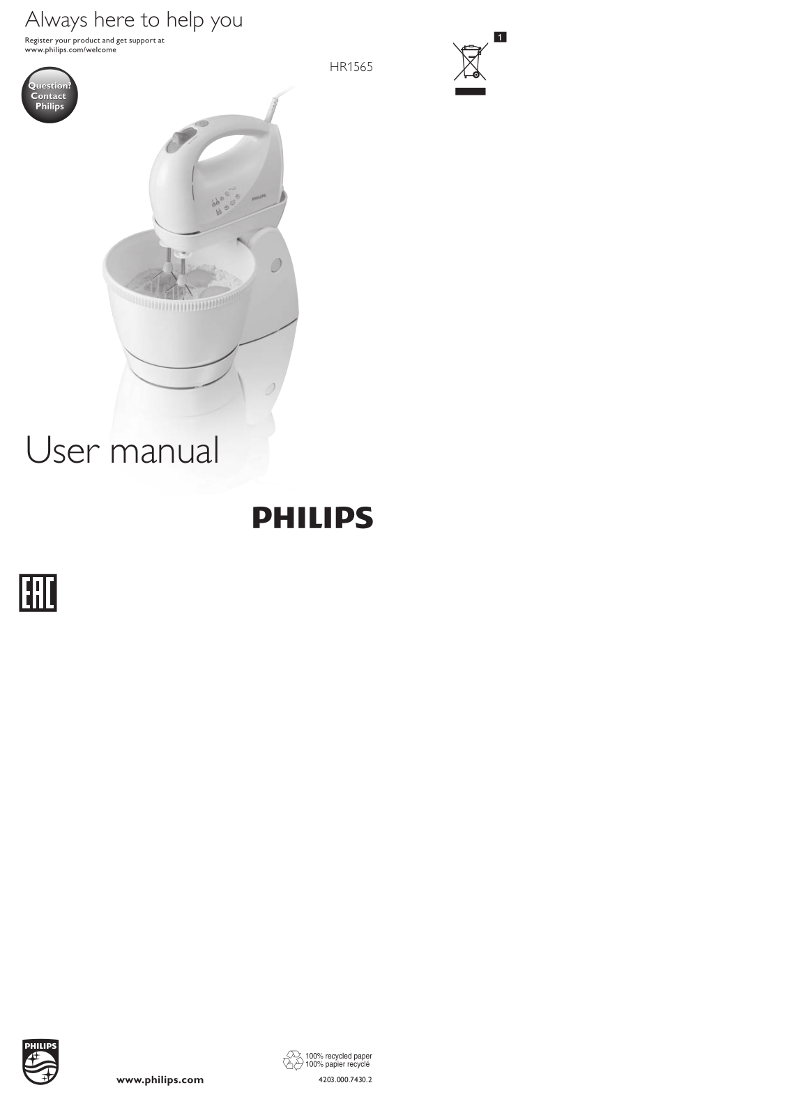 Philips HR1565/63, HR1565/80 User Manual