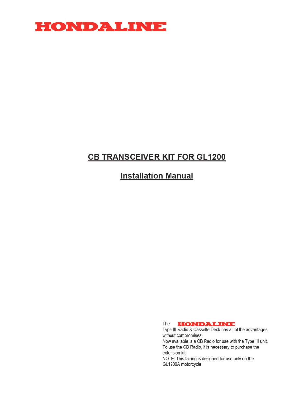 Hondaline CB TRANSCEIVER KIT Installation Manual - ManualMachine.com