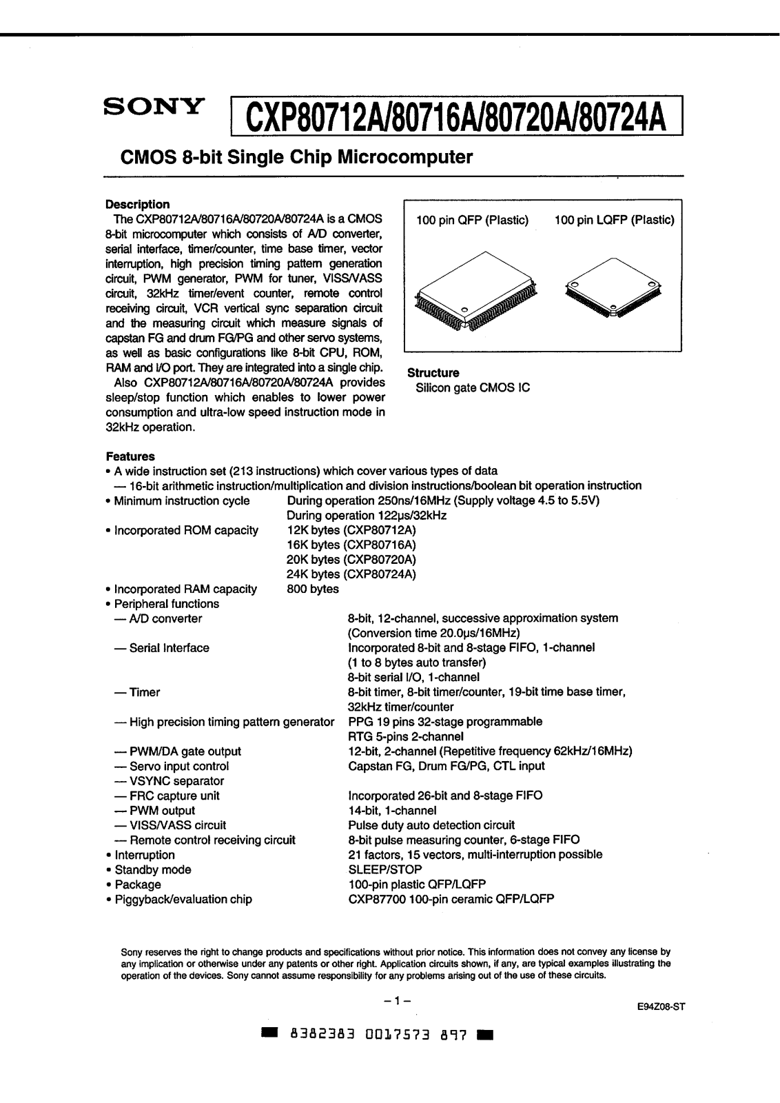 Sony CXP80724AR, CXP80724AQ, CXP80720AR, CXP80720AQ, CXP80712AR Datasheet