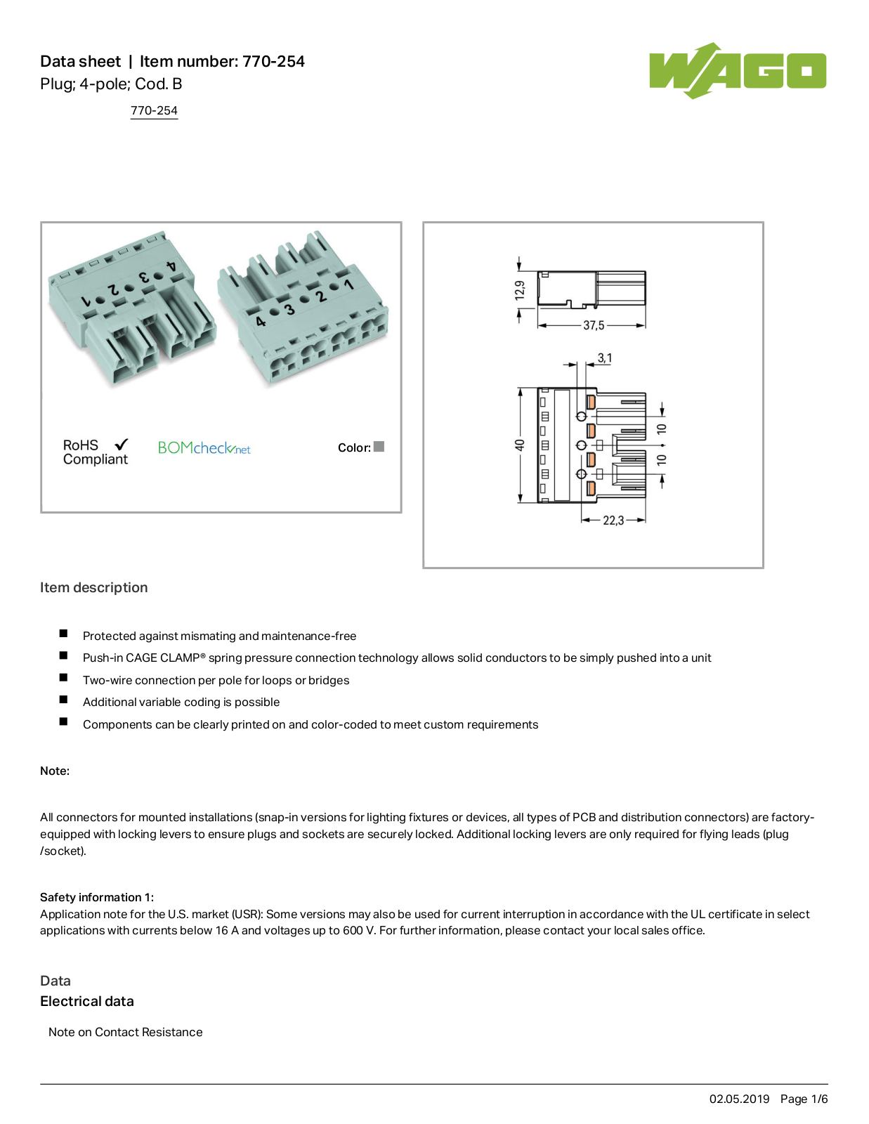 Wago 770-254 Data Sheet