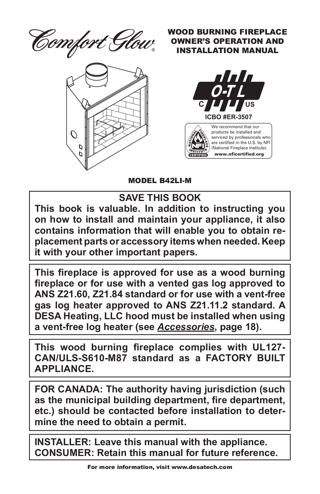 Comfort Glow B42LI-M Owner's Operating & Installation Manual