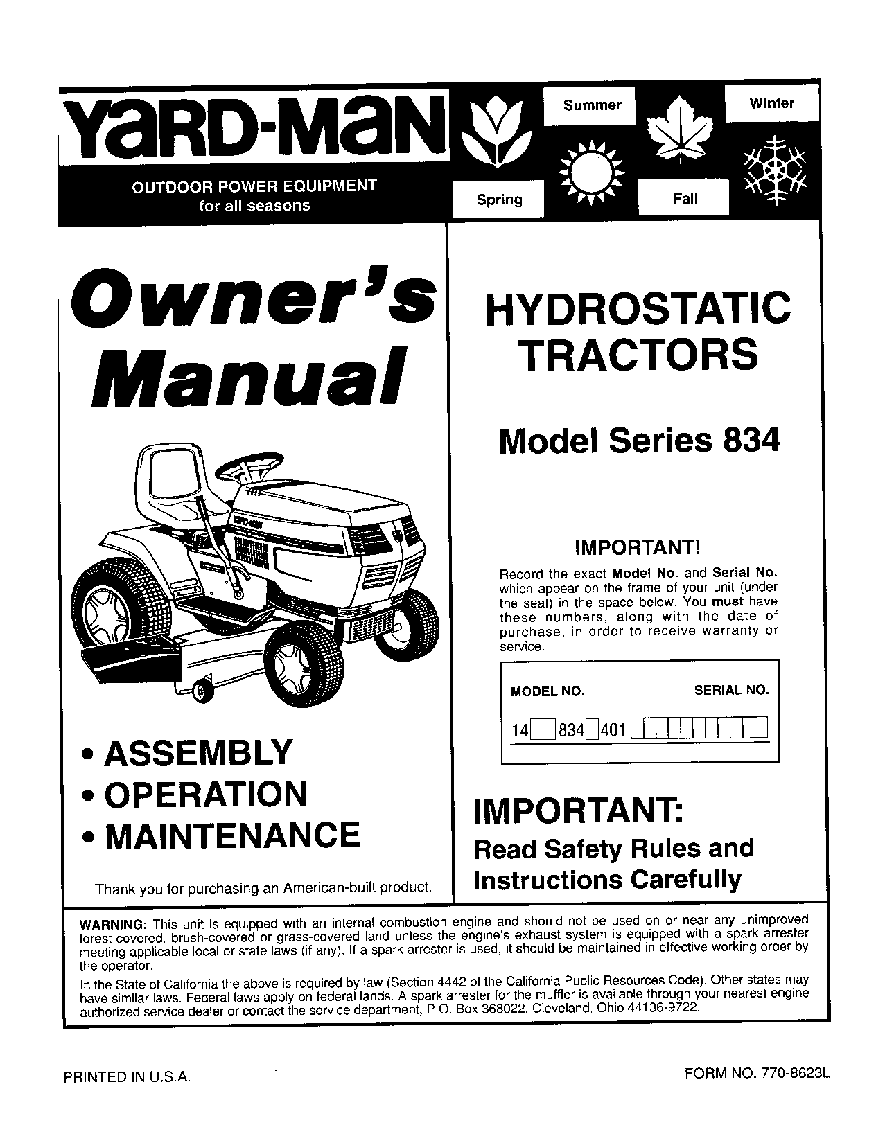 Yard-Man 834 User Manual