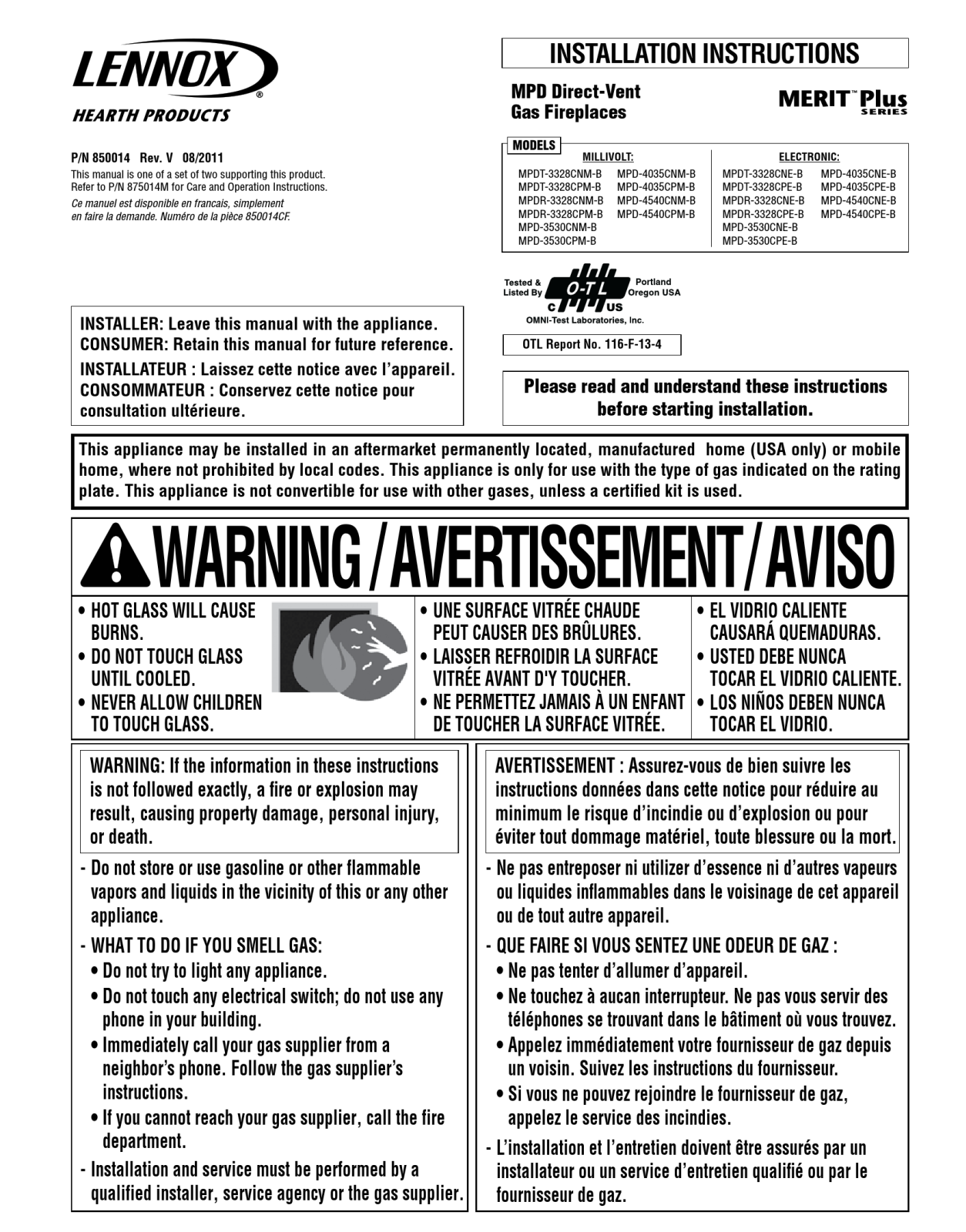 Lennox MPDT-3328CPE-B, MPDT-3328CNE-B, MPDR-3328CNE-B, MPDR-3328CPE-B, MPD-3530CNE-B Installation Instructions Manual