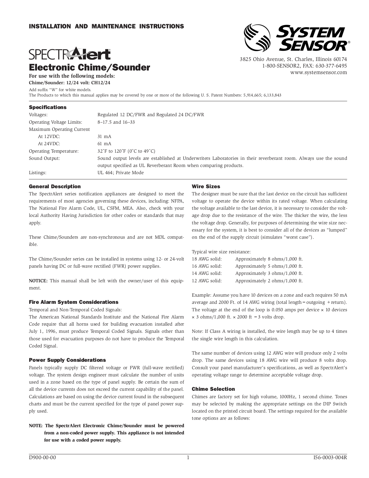 System Sensor CH1224, CH1224W User Manual