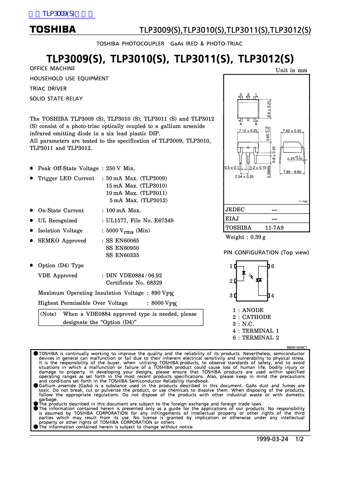 TOSHIBA TLP3012, TLP3009, TLP3010, TLP3011 Technical data