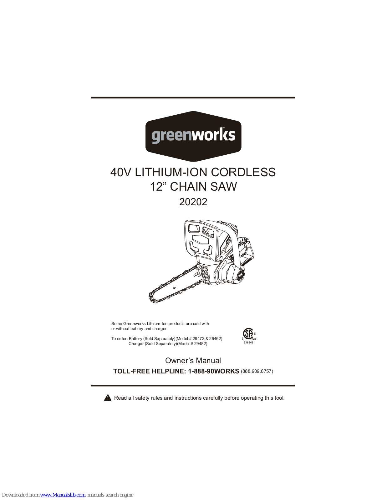 GreenWorks 20202, 2000102 Owner's Manual