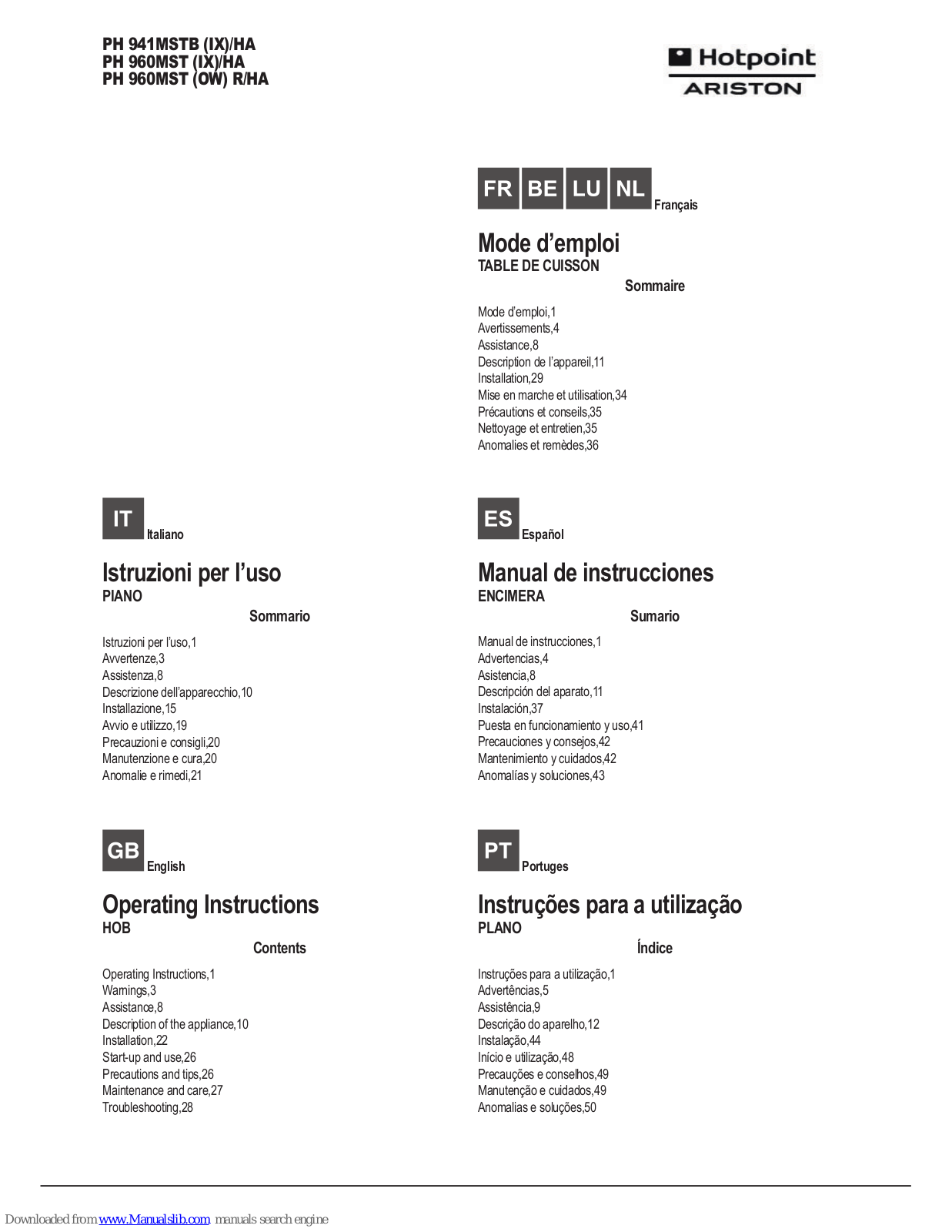 Hotpoint Ariston PH 960MST (IX)/HA, PH 960MST (OW) R/HA Operating Instructions Manual