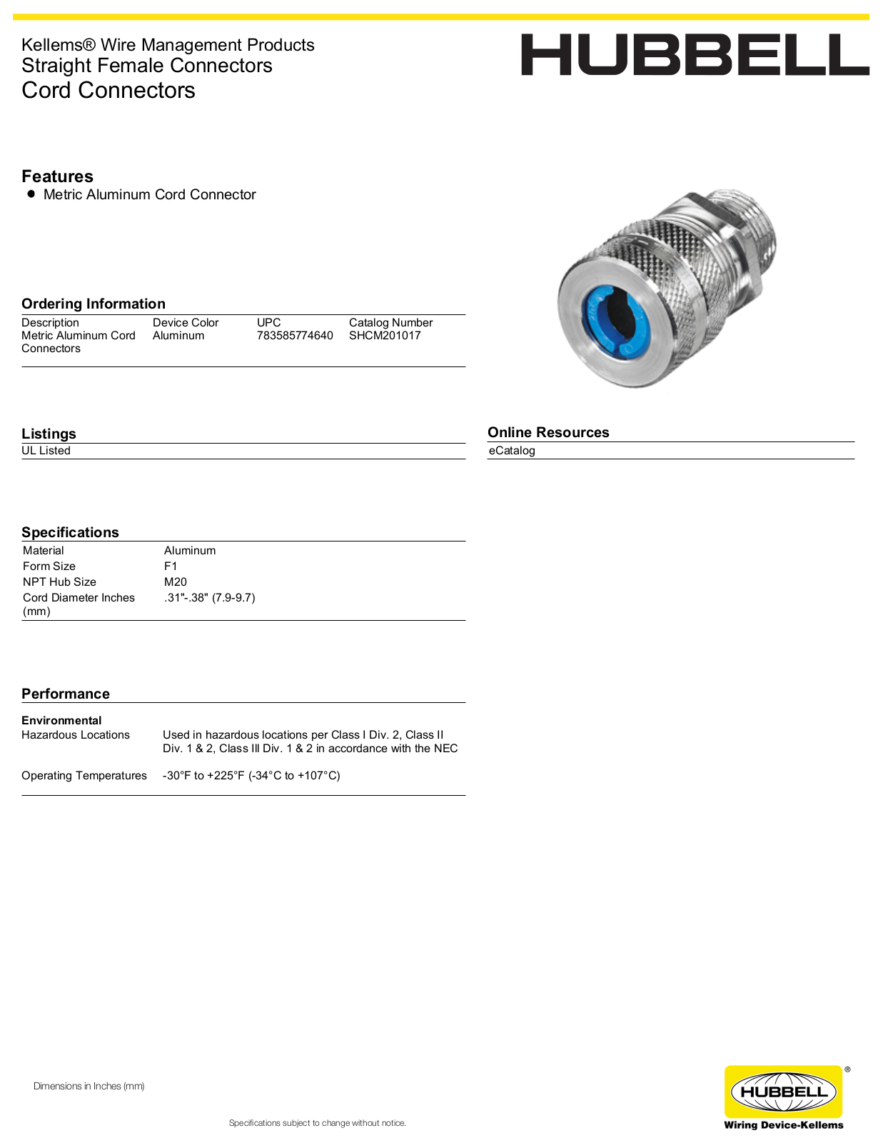 Hubbell SHCM201017 Specifications
