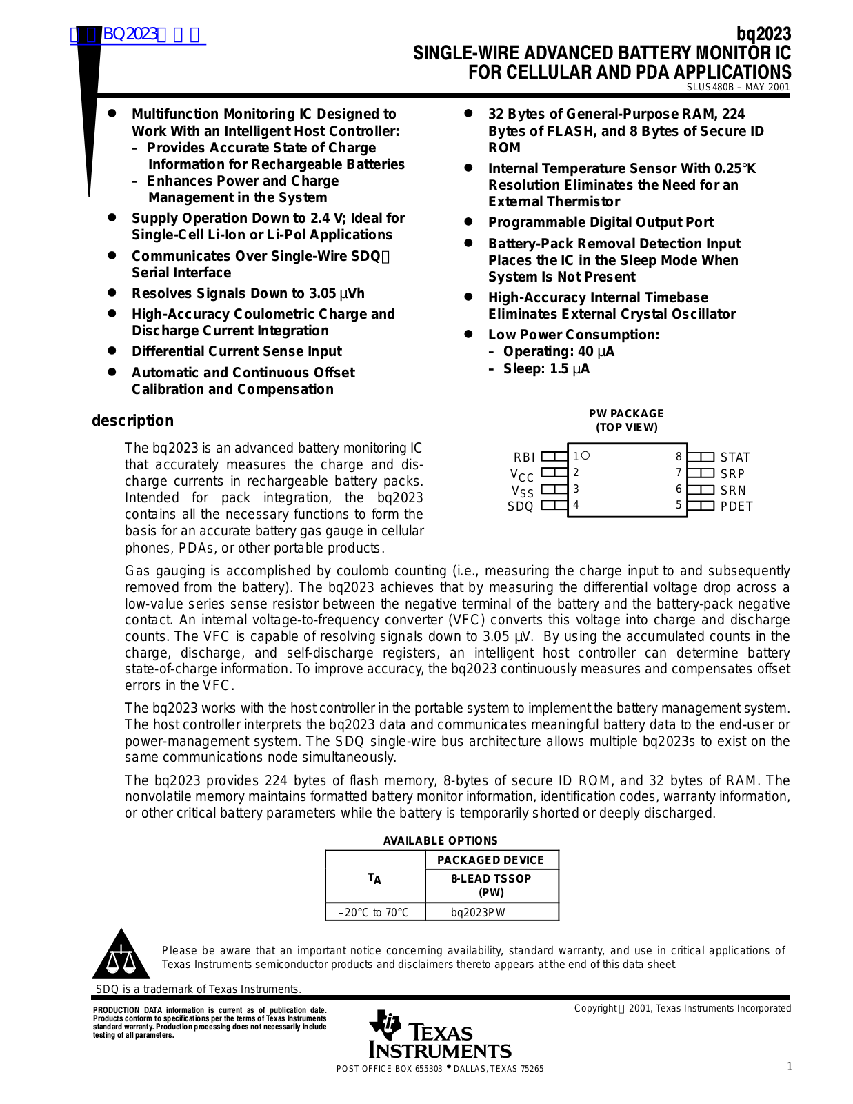 TEXAS INSTRUMENTS bq2023 Technical data