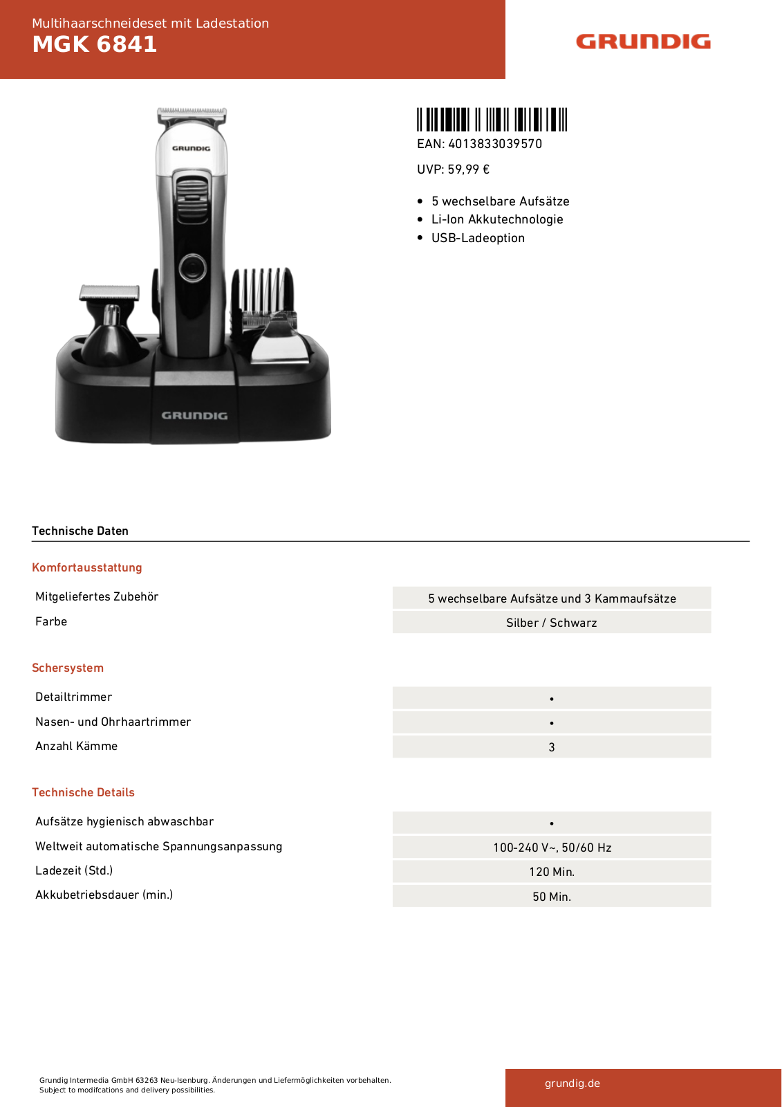 Grundig MGK 6841 Technical data