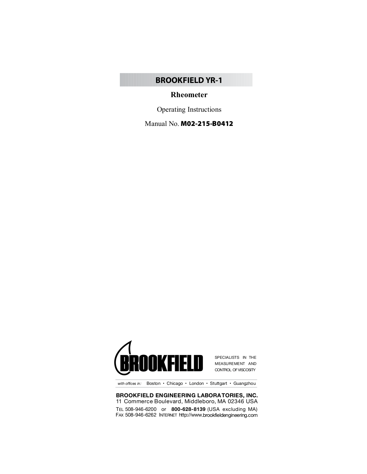 Brookfield YR-1 Rheometer User Manual