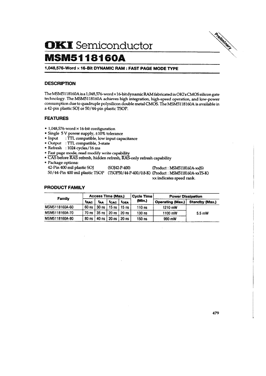 OKI MSM5118160A-70TS-K, MSM5118160A-80JS, MSM5118160A-60JS, MSM5118160A-70JS, MSM5118160A-60TS-K Datasheet