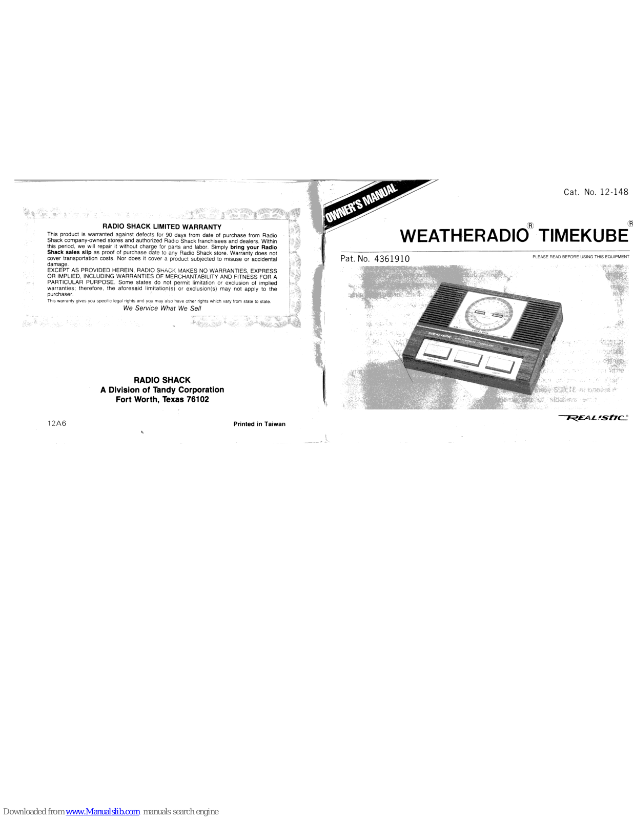 Realistic Weatheradio Timekube Owner's Manual