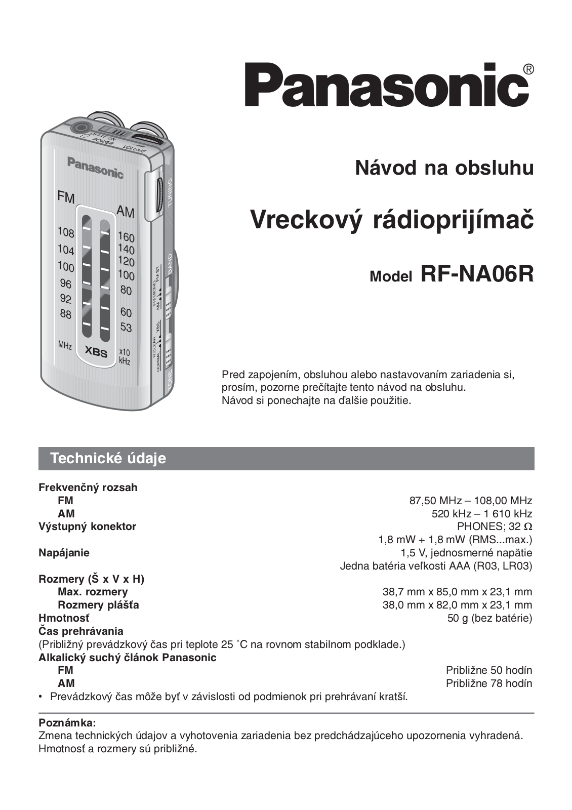 Panasonic RF-NA06R User Manual