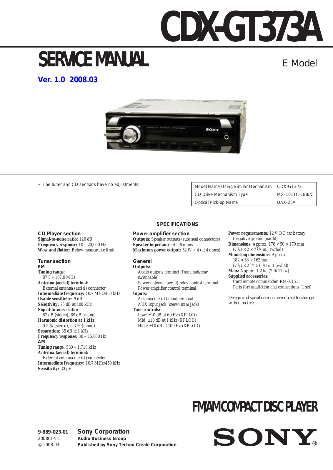 SONY cdx gt373a Service Manual