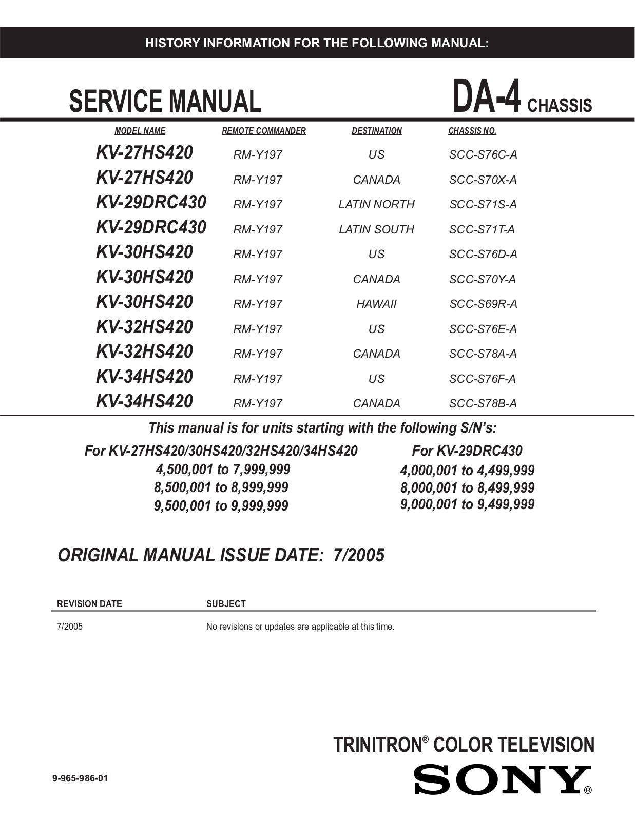 Sony KV-27HS420, DA-4, KV-34HS420, KV-30HS420, KV-29DRC430 Service Manual