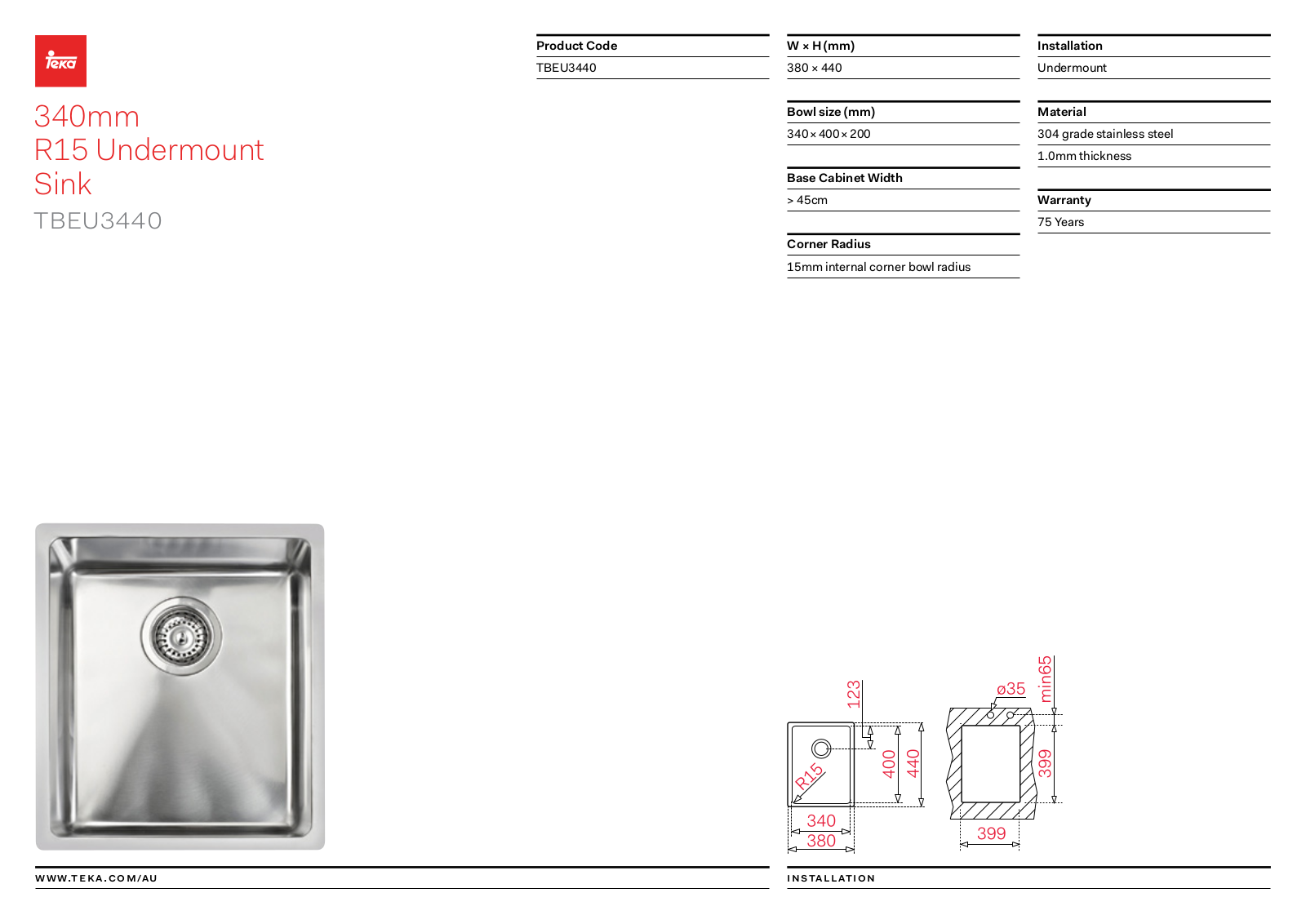 Teka TBEU3440 Specifications Sheet