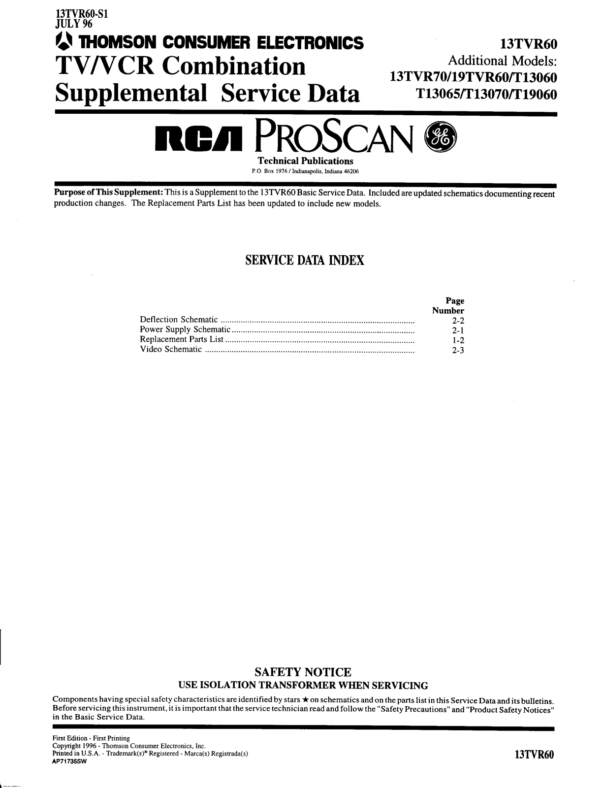 RCA 19TVR60 TV-VCR, 19TVR60 TV-VCR COMBO Service Manual