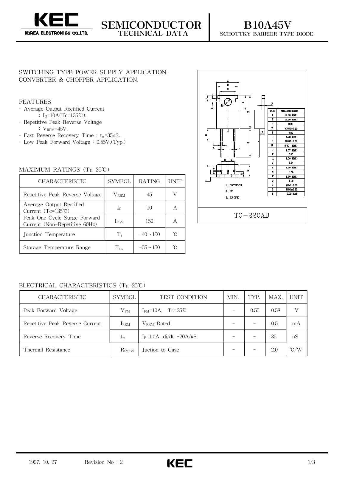 Korea Electronics Co  Ltd B10A45V Datasheet