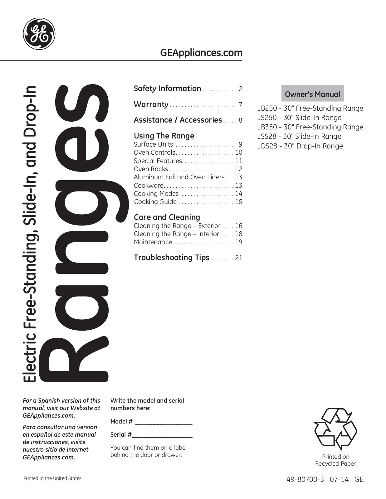 GE JB250GFSA, JB250DFBB User Manual