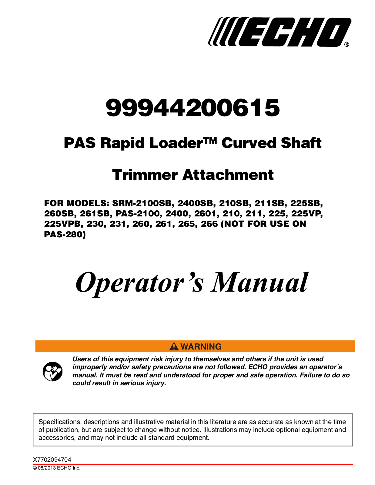 Echo 260, 225SB, 225VP, 266, PAS-2100 User Manual