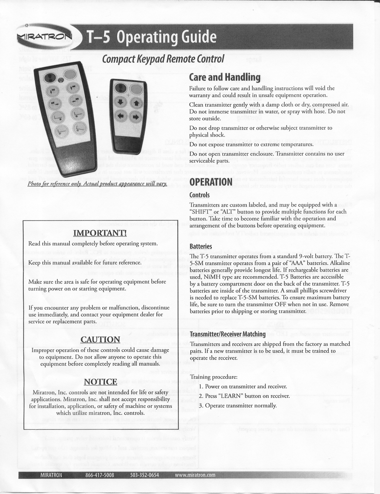 Miratron TF5SM, TF5 Users Manual