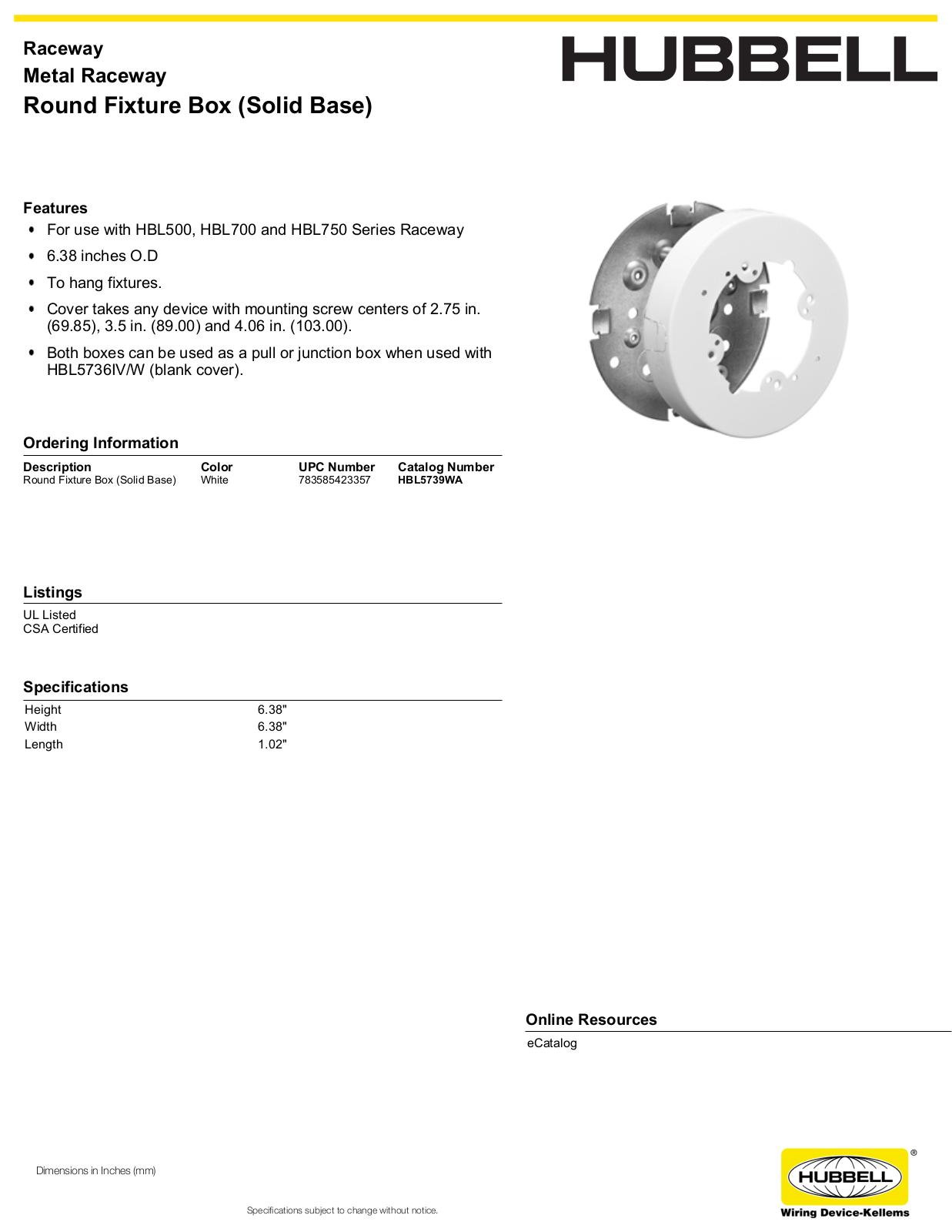 Hubbell HBL5739WA Specifications