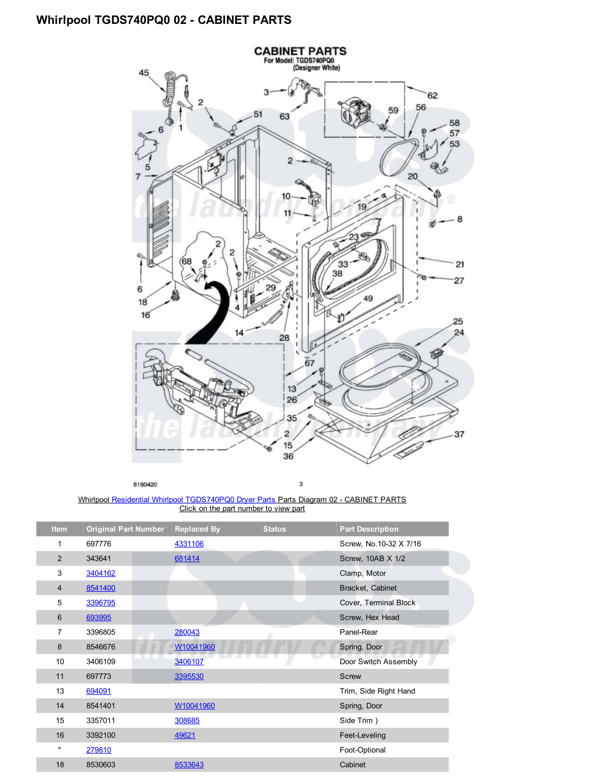 Whirlpool TGDS740PQ0 Parts Diagram