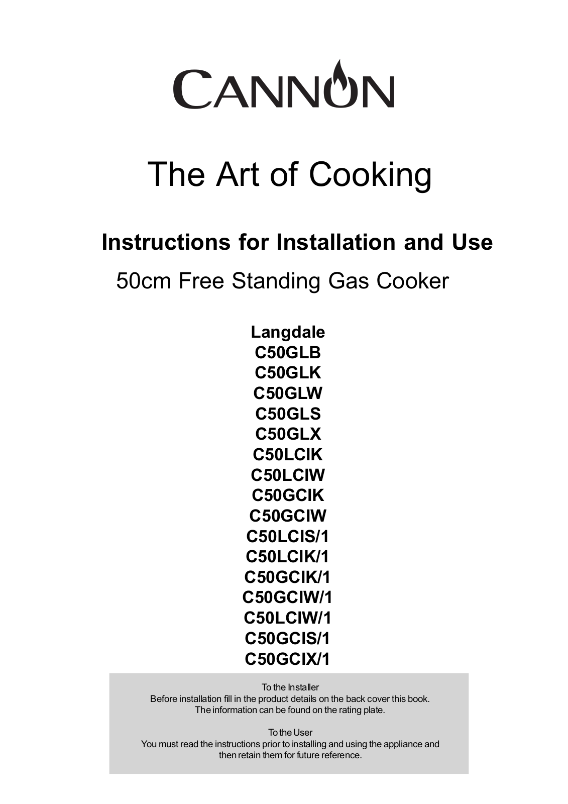 Cannon C50GLB, C50LCIS/1, C50LCIK/1, C50GCIW/1, C50LCIW/1 Instruction booklet