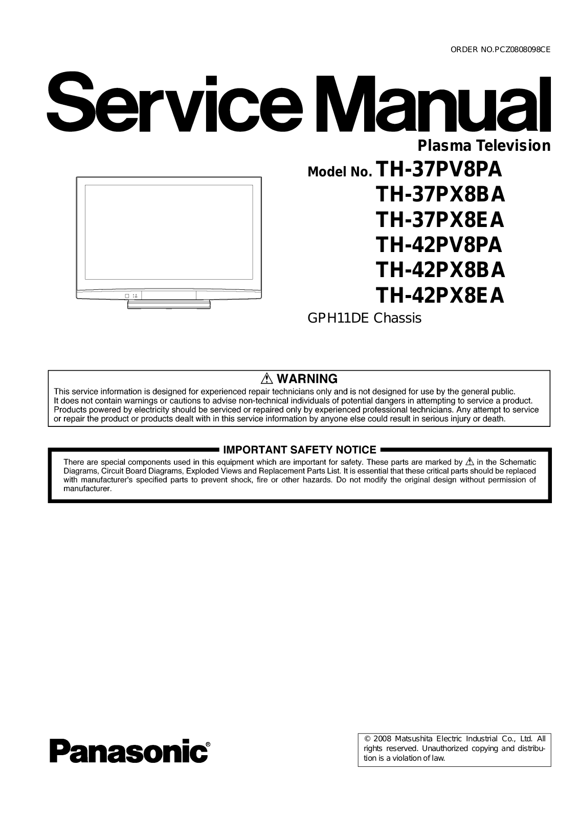 Panasonic GPH11DE, TH-37PV8PA, TH-37PX8BA, TH-37PX8EA, TH-42PV8PA Service Manual
