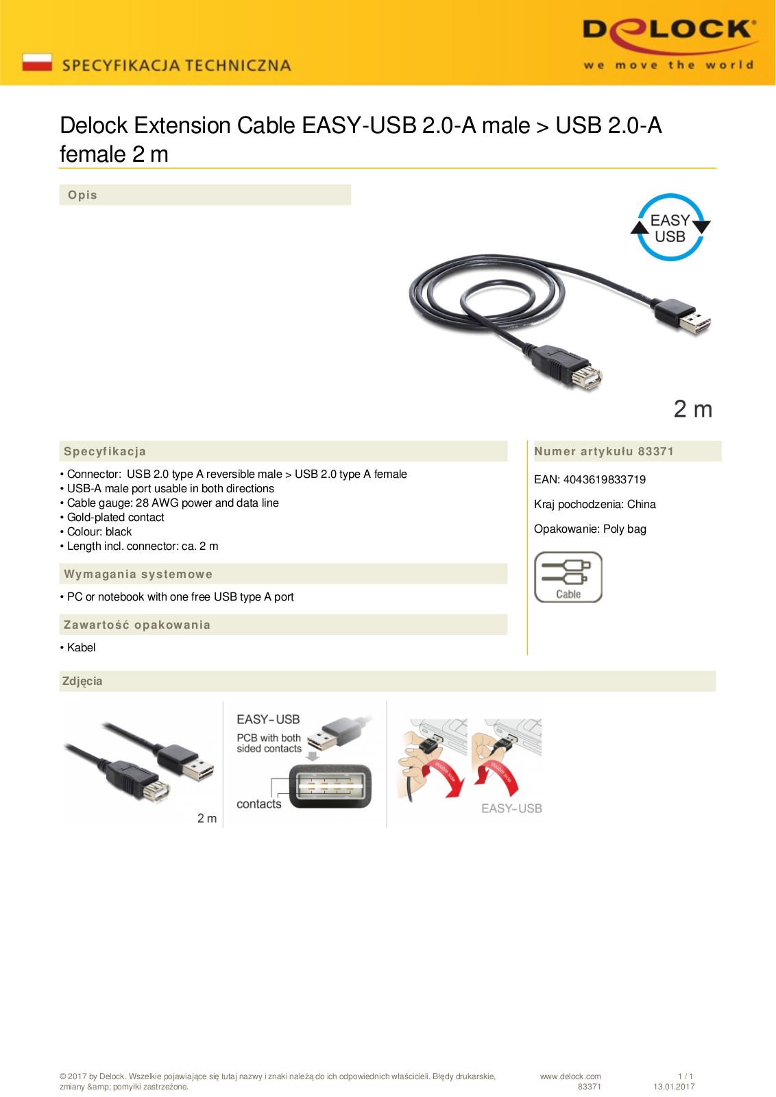 DeLOCK EASY-USB 2.0 extension cable, USB-A  plug  to USB-A  socket , 2m User Manual