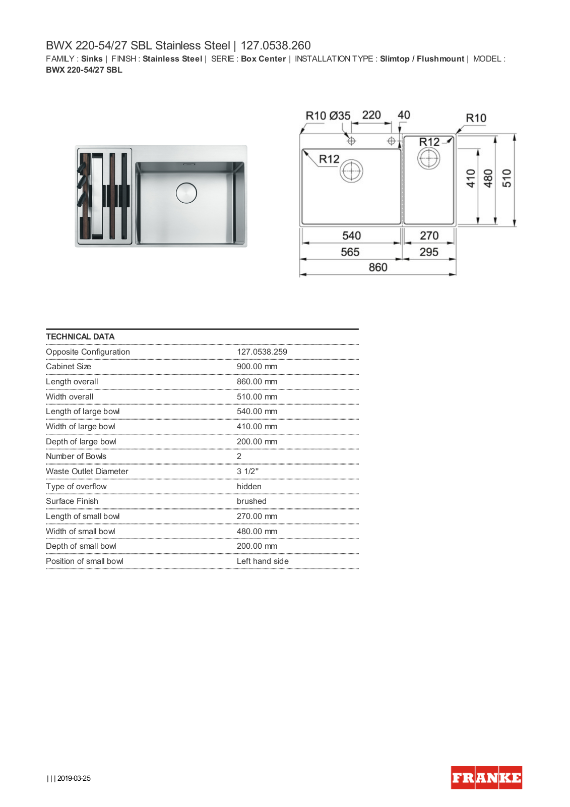 Franke BWX220-54/27SBL Datasheet